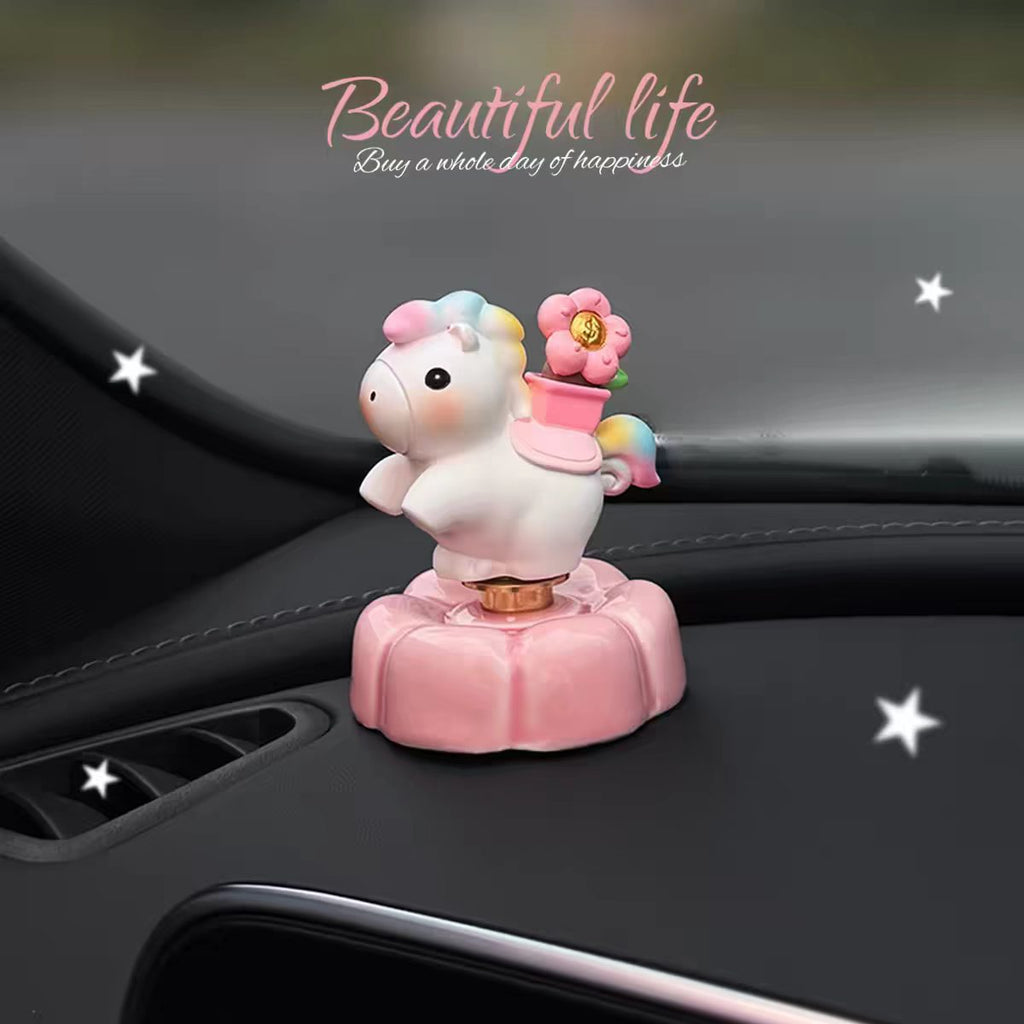 Cute Unicorn Car Dashboard Figurine on Rotating Flower Base — Rainbow & Fortune Styles, 4 Styles