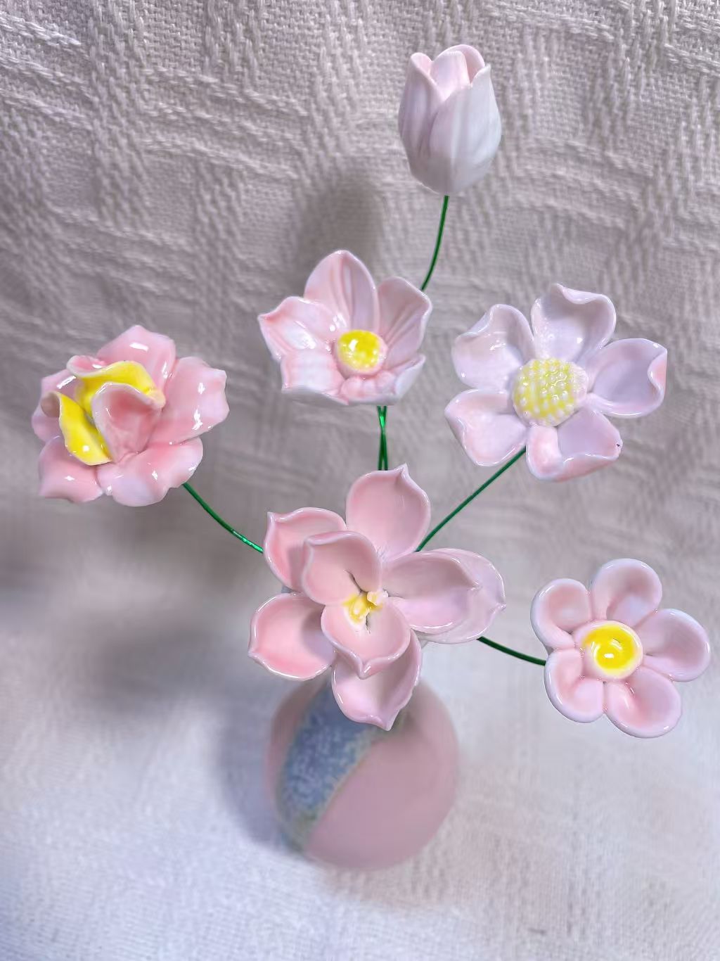 Jingdezhen Handcrafted Miniature Ceramic Vase with Pink & Blue Porcelain Flower Bouquet