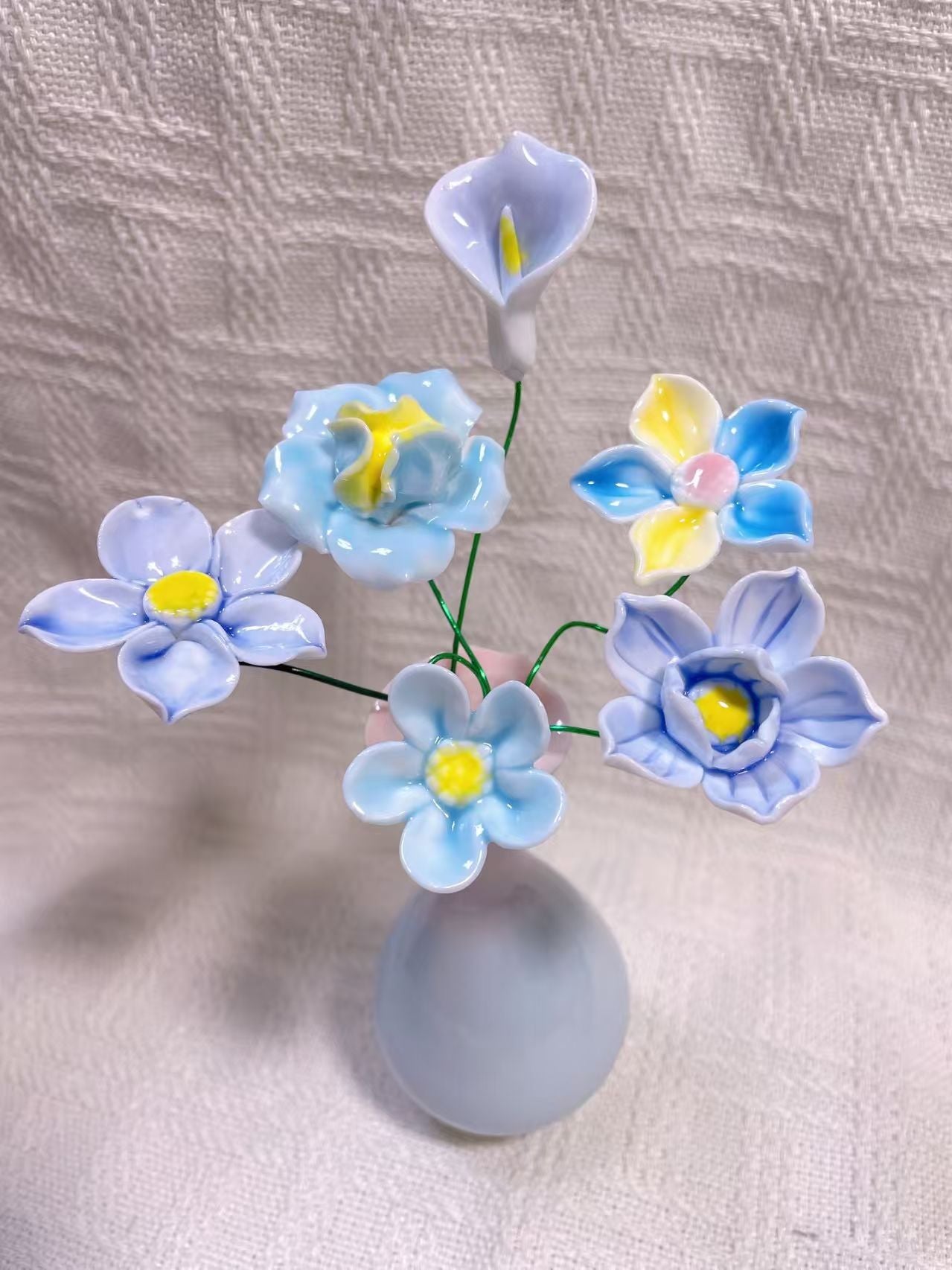 Jingdezhen Handcrafted Miniature Ceramic Vase with Pink & Blue Porcelain Flower Bouquet