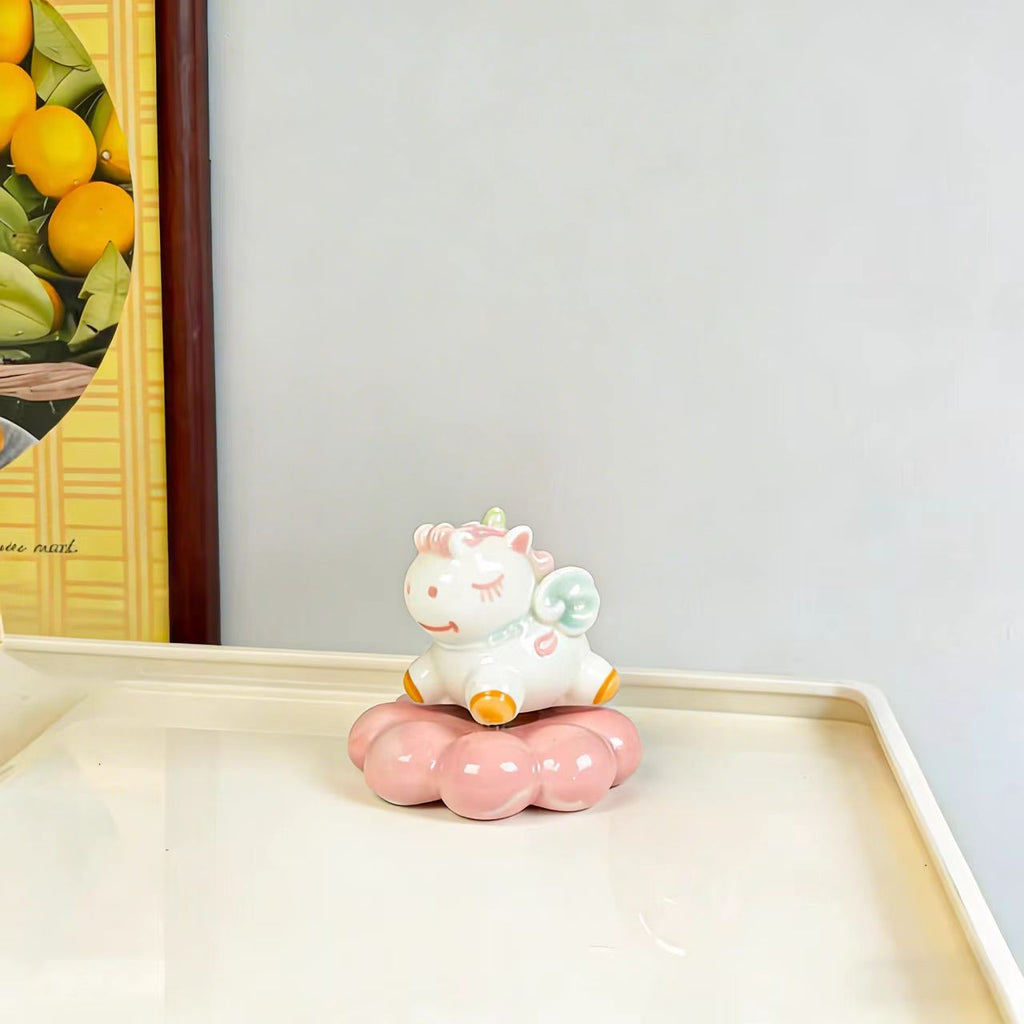 Kawaii Ceramic Unicorn Figurine on Rotating Bubble Cloud Base — Yellow, Pink & Blue, 3 Colours