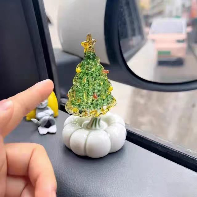 Crystal Glass Christmas Tree Figurine on Ceramic Base — 4 Colours, Car Dashboard & Desk Decor, 6.5cm