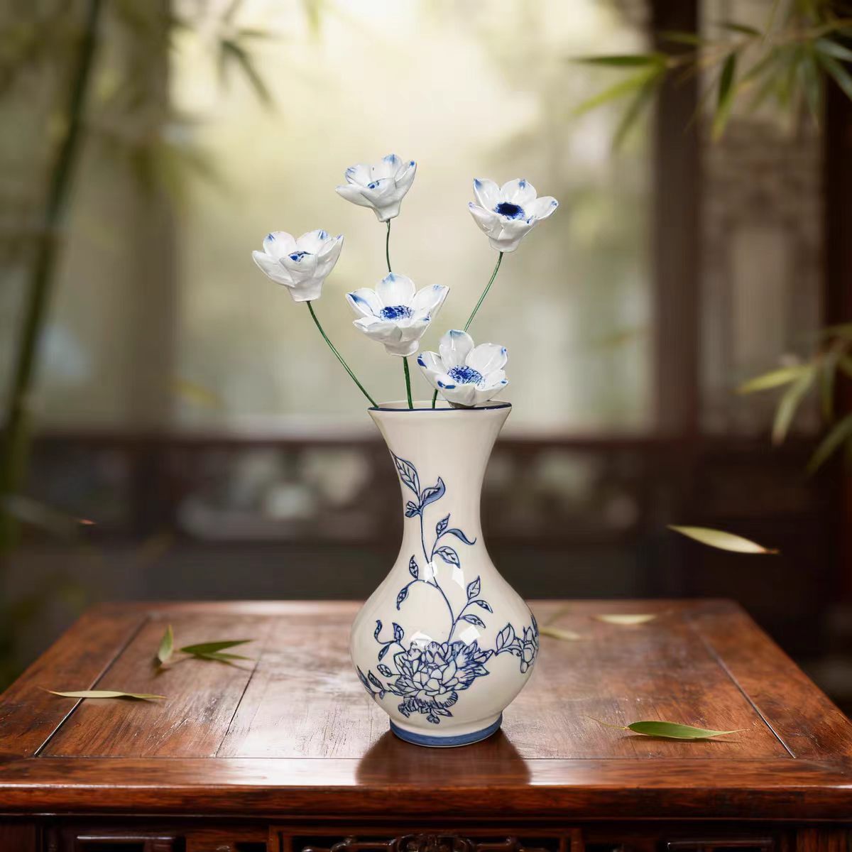 Jingdezhen Blue & White Hand-Painted Vase with White Anemone Arrangement — Bamboo Study Series, 5 Styles