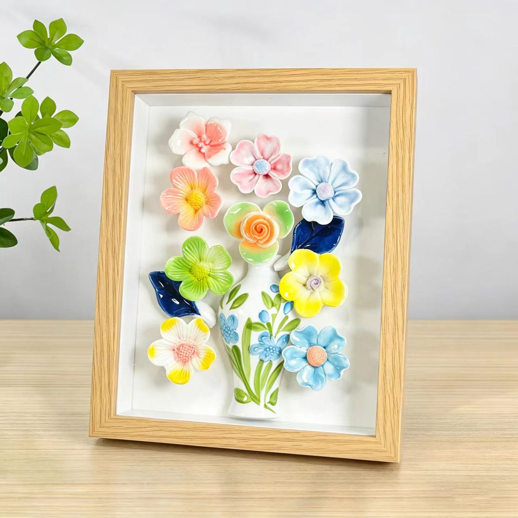 Jingdezhen 3D Ceramic Flower Shadow Box — Scattered Blooms Wall Art, Natural Oak Frame, 4 Colorways