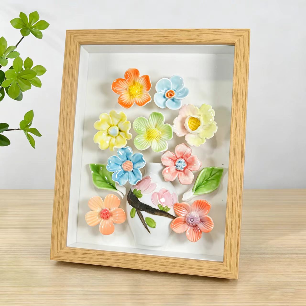 Jingdezhen 3D Ceramic Flower Shadow Box — Scattered Blooms Wall Art, Natural Oak Frame, 4 Colorways