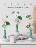 CENYU Jingdezhen Ceramic Lotus & Pennywort Arrangement — Ready-to-Display Porcelain Floral Vase Decor