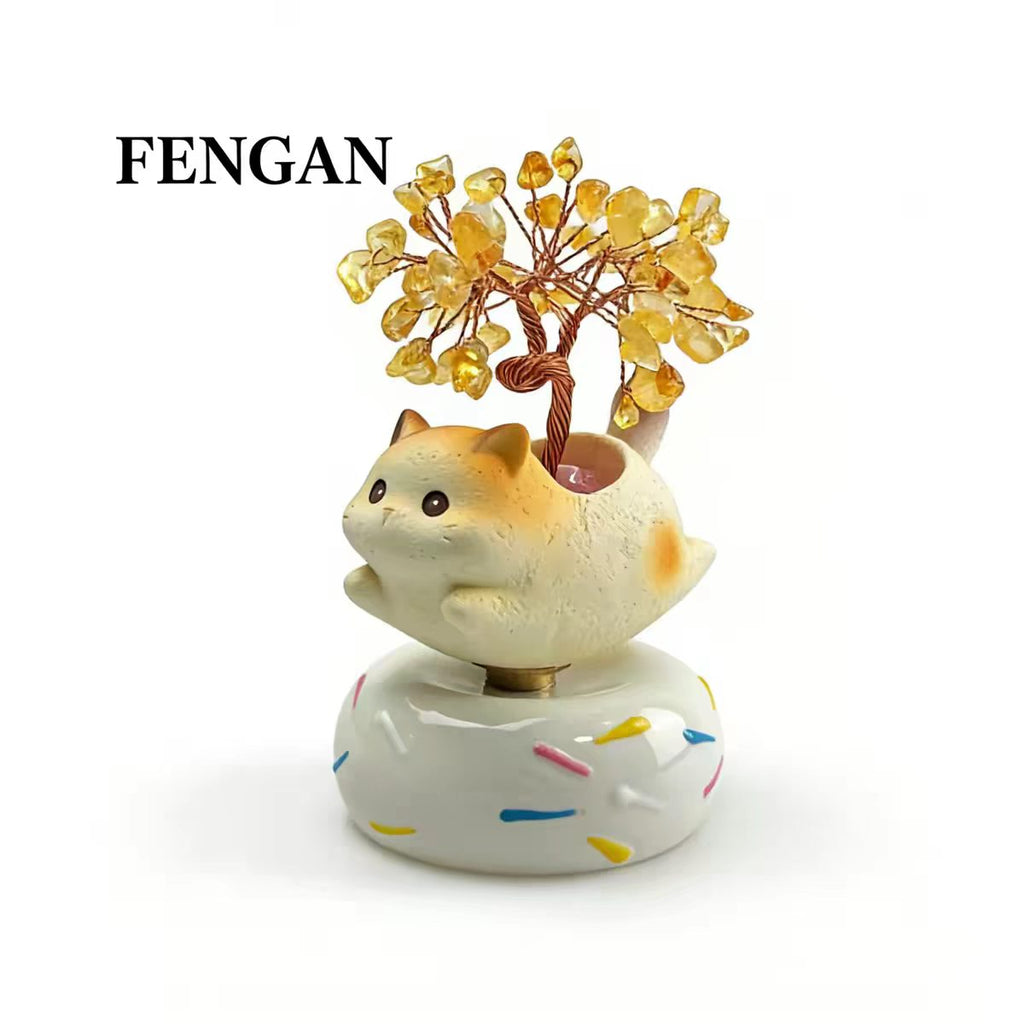 Cute Cat Crystal Money Tree Figurine on Rotating Donut Base — Rose Quartz & Citrine, 2 Styles