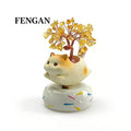 Cute Cat Crystal Money Tree Figurine on Rotating Donut Base — Rose Quartz & Citrine, 2 Styles
