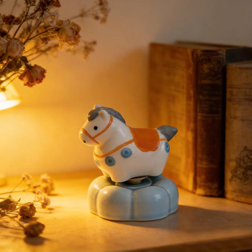 Jingdezhen Chubby Lucky Horse Spinning Figurine — Gold Ingot Saddle & Pearl Necklace Cloud Base Collection