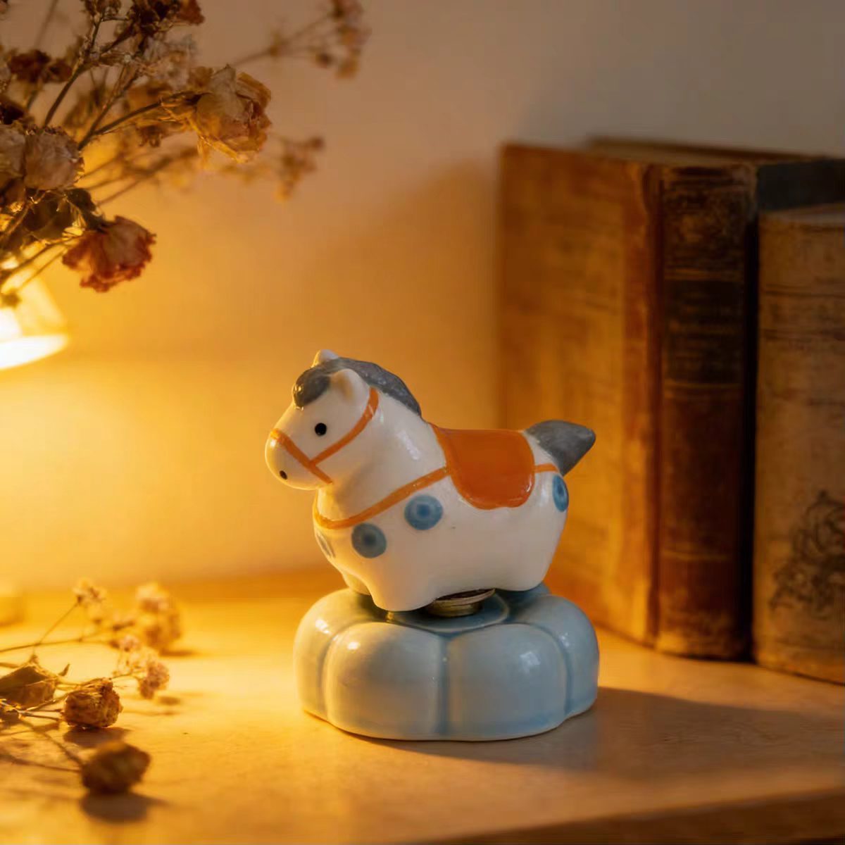 Jingdezhen Chubby Lucky Horse Spinning Figurine — Gold Ingot Saddle & Pearl Necklace Cloud Base Collection
