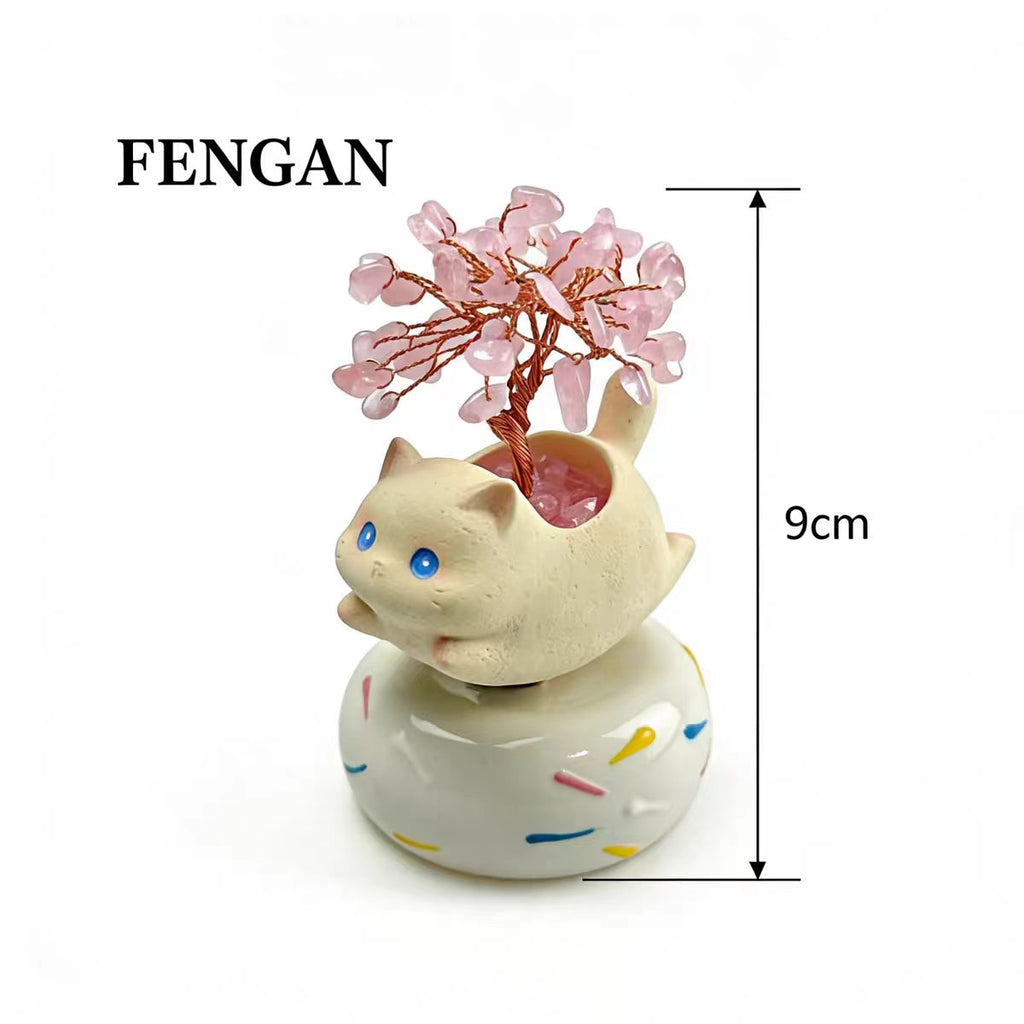 Cute Cat Crystal Money Tree Figurine on Rotating Donut Base — Rose Quartz & Citrine, 2 Styles