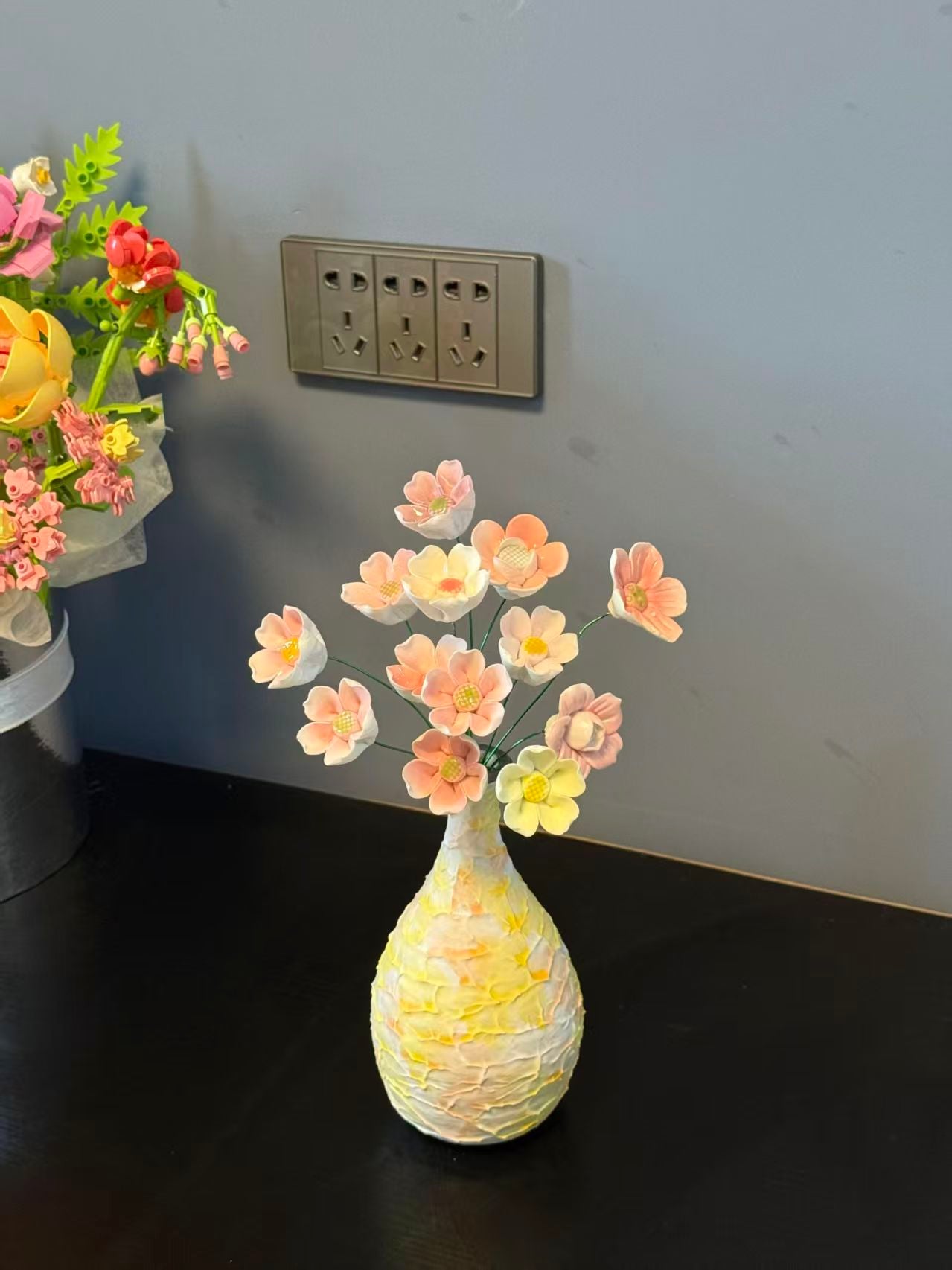 Jingdezhen Handcrafted Ceramic Flower Vase with Yellow & Pink Porcelain Blooms
