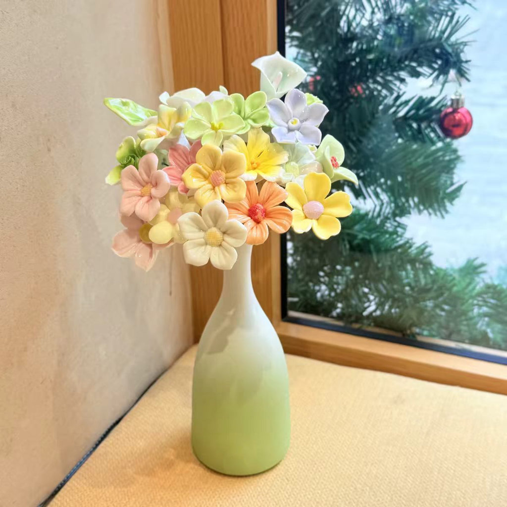 Jingdezhen Ceramic Mixed Flower Bouquet — Gradient Tall Neck Vase Gift Set