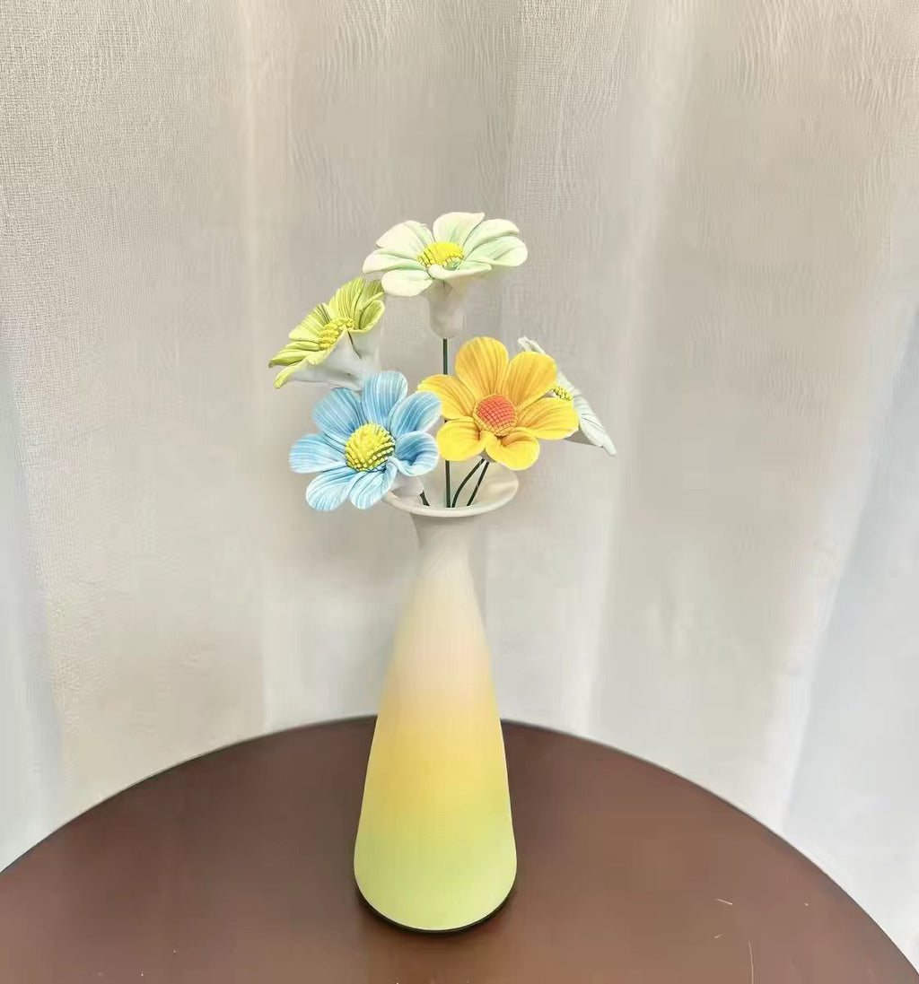 Jingdezhen Ceramic Cosmos & Rose Bouquet — Gradient Matte Cone & Round Belly Vase Collection