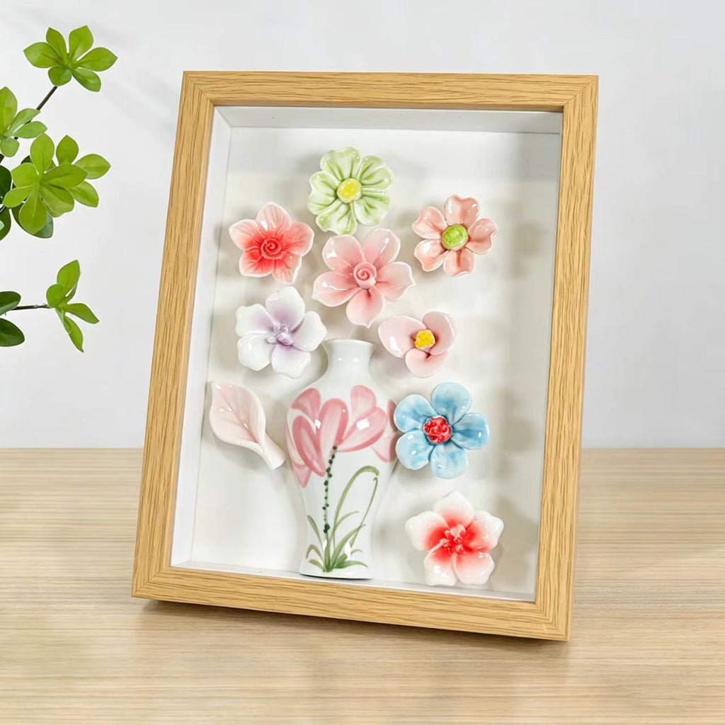 Jingdezhen 3D Ceramic Flower Shadow Box — Scattered Blooms Wall Art, Natural Oak Frame, 4 Colorways