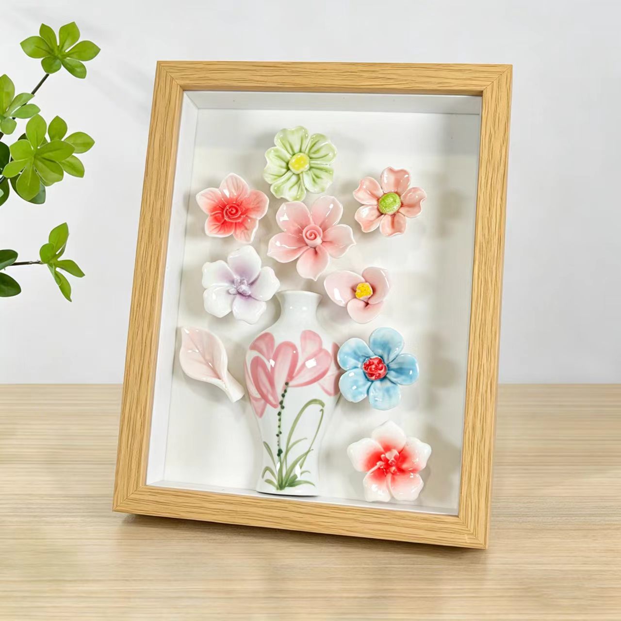 Jingdezhen 3D Ceramic Flower Shadow Box — Scattered Blooms Wall Art, Natural Oak Frame, 4 Colorways