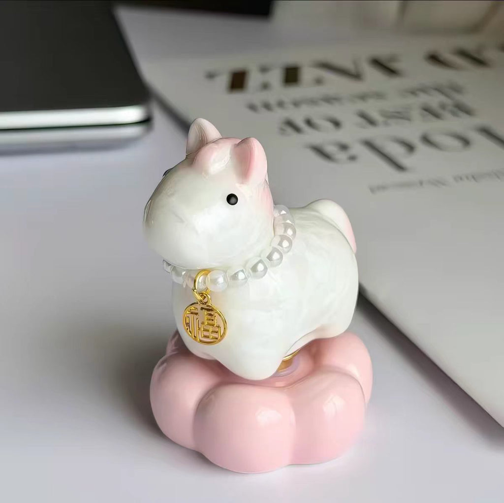 Lucky Fortune Horse Bobblehead Figurine — Pearl Necklace & Fu Charm Cloud Base Series